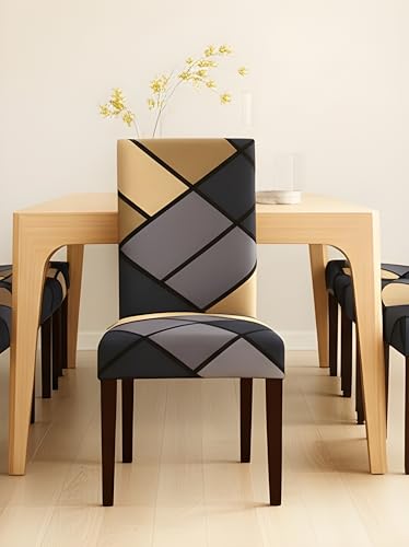 Image of Stretchable Dining Chair Cover - Washable, Removable, Anti-Slip, Protector, Universal Fit (Set of 2, Grey & Beige Geometric)