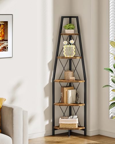 CHOEZON 5-Tier Corner Shelf, Corner Bookshelf, Ladder Shelf, Floor Standing Storage Rack, Open Display Stand, Plant Stand, for Living Room, Bedroom, Study, Bathroom, Rustic Brown and Black TCJ22BF