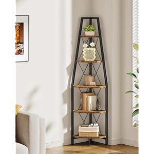 5-Tier Corner Shelf, Corner Bookshelf, Ladder Shelf, Floor Standing Storage Rack, Open Display Stand, Plant Stand, for Living Room, Bedroom, Study, Bathroom, Rustic Brown and Black TCJ22BF