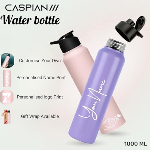 Image of Caspian Hike Customised Stainless Steel Water Bottle 1L, Combo LP & LP with Logo Print - Personalised Water Bottle with Your Name Print for School Office Gym- Perfect for Corporate Gifting (Set of 2)