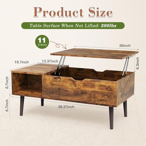 Image of OLIXIS Wooden Coffee Table, Lift Top Coffee Table with Large Hidden Compartment and Ample Storage Shelf, Lift Tabletop Dining Table for Living Room, Home Small Space, Rustic