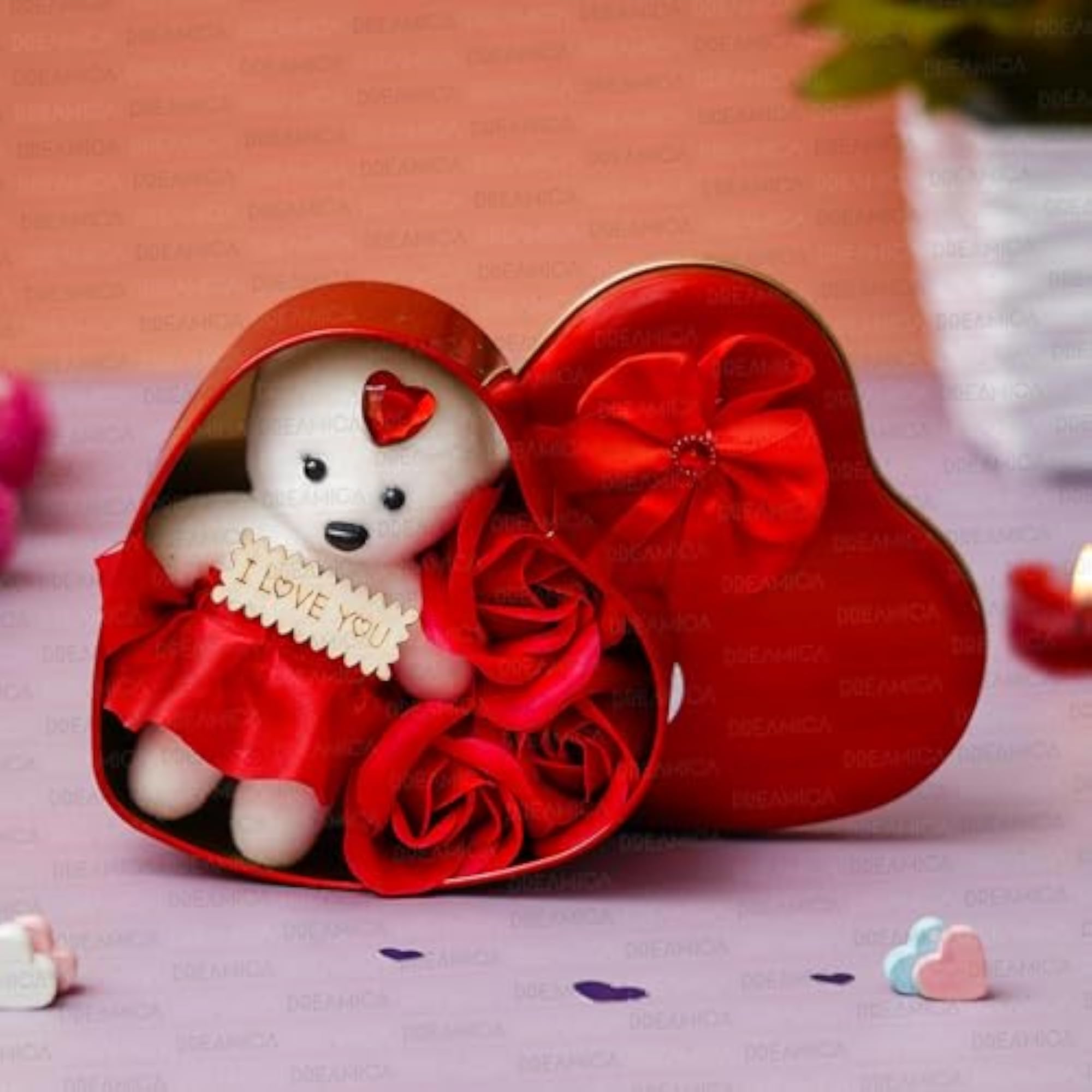 Teddy Tin Box Showpiece with Artificial Rose and Message Bottle