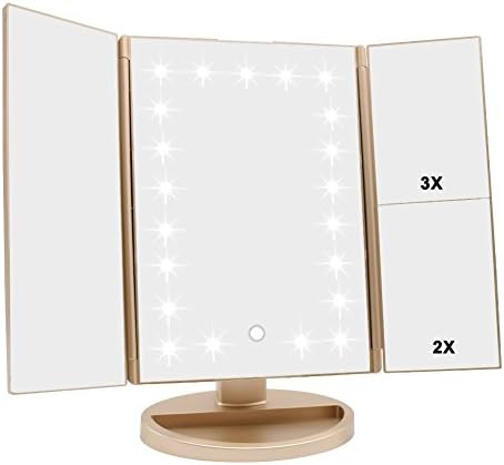 Flymiro Tri-fold Lighted Vanity Makeup Mirror With 3x/2x/1x Magnification, 21 LEDs and Touch Screen, 180 Degree Free Rotation Countertop Cosmetic, Travel