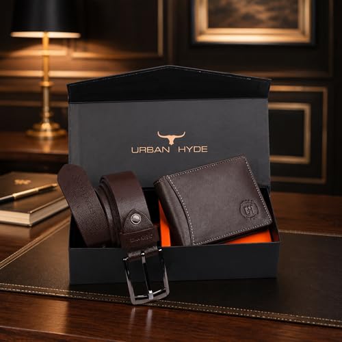 Image of URBAN HYDE Premium Genuine Leather Wallet and Belt Combo for Men | Leather Wallet & Adjustable Belt Gift Set | Stylish Men Leather Combo Gift for Birthday, Anniversary, Office | Dark Brown