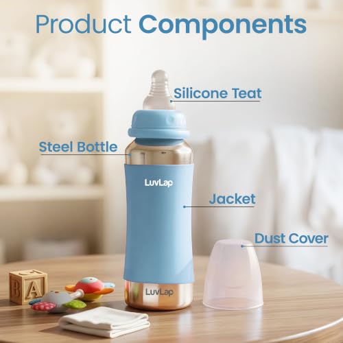 Image of LuvLap Baby Steel Feeding Bottle 240ml, Made of SS304 Rust Free Steel, Baby Milk /Water Bottle with Dust Cover, Heat Protective Silicone Cover, BPA Free, Odour Free, Leak Proof, Sky Blue, 0M+