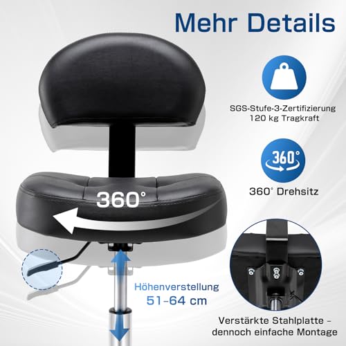 Rollhocker mit Lehne - Hocker mit Rollen und breitem, rechteckigem Sitzkissen | Rollhocker höhenverstellbar 51-64cm | Drehhocker mit Rollen mit gleichmäßigem Lauf | Ideal für Salon, Kosmetik (Tinte)