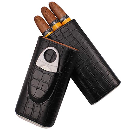 Toika 3 Tubes Classic Black Crocodile Pattern Leather Cigar Case Humidor With Cedar Wood Lined In Gift Box, Cigar Cutter Contained #TOP2