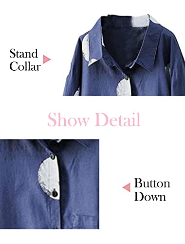 Minibee Women's Button Down Tunic Tops Polka Blouse Cotton Shirt (L, Style1 Blue) #TOP2