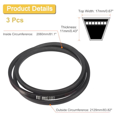Image of uxcell 3 Pack B81 Classic Wrapped V-Belt, 84 inch Outside Circumference Wrapped Industrial Rubber V-Belt B Profile V-Belt for Industrial Machinery Equipment, Black