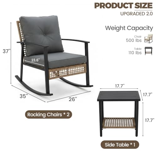 TARKARI 3-Piece Patio Rocking Chairs Set of 2, Rocking Chair Bistro Set [Upgraded 2.0] & 2-Tier Coffee Table, Wicker Rocking Chair Outdoor Patio Furniture Set for Backyard, Porch, Balcony (Grey) - image 7