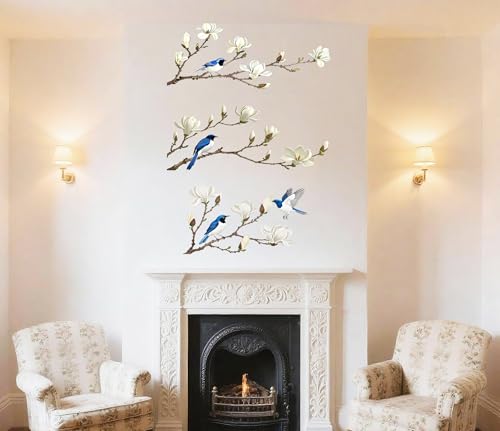 Magnolia Flower Birds Wall Stickers, Botanical Wall Decals Vinyl Decor