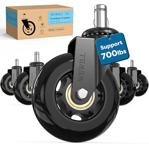 WEWILL Office Chair Wheels - Rubber Casters Replacement Universal Fit 98% Chair(Set of 5) Heavy Duty 3 Inch Smoothly & Quietly Safe for All Floor, Hardwood, Tile, Carpet, Noise Free - Black