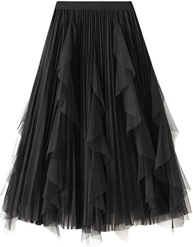 Women's A-Line Fairy Elastic High Waist Mesh Tutu Tulle Midi Skirt (Black)