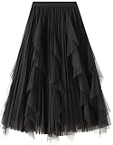 Women's A-Line Fairy Elastic High Waist Mesh Tutu Tulle Midi Skirt (Black)