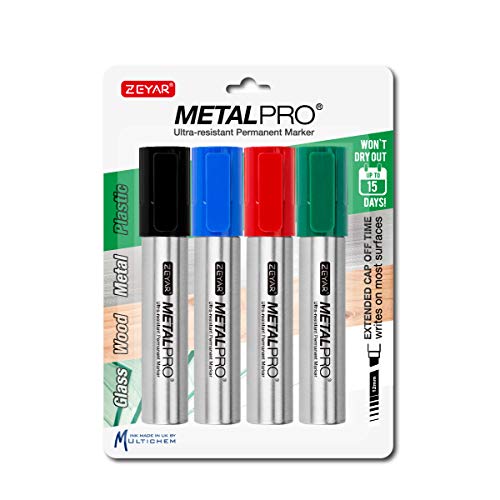 Zeyar Permanent Markers, Jumbo Size, Aluminum Barrel, Set Of 4, Waterproof & Smear Proof Markers, Writes On Most Surfaces (Black, Blue, Red, Green) #TOP1