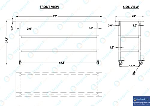 Image of AmGood Stainless Steel Work Table with 2 Shelves and Casters | Metal Utility Table On Wheels (Stainless Steel Work Table with 2 Shelves + Casters, 72 inch Long x 24 inch Deep)