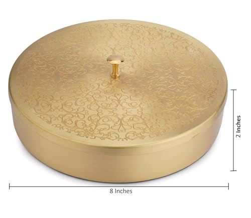 Ajuny Handcrafted Brass Spice Box – Round Masala Dabba with Embossed Lid, 7 Removable Containers, Designer Spoon, Decorative Indian Spice Storage Canister, Golden Finish, Unique Gift