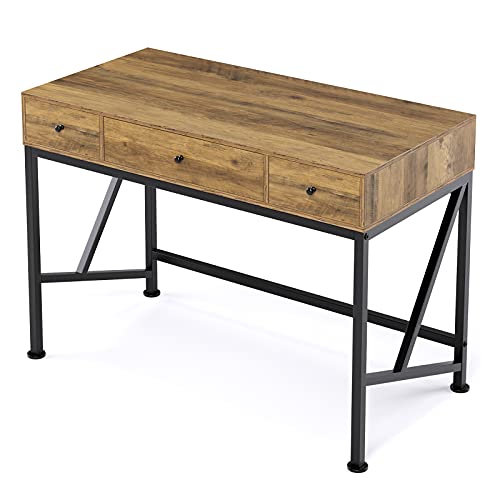Urkno Computer Desk With 3 Drawers, 42" Wood Writing Desk For Home Office, Modern Simple Style Laptop Study Table, Makeup Vanity Console Table, Metal Frame, Easy Assembly, Rustic Brown #TOP6