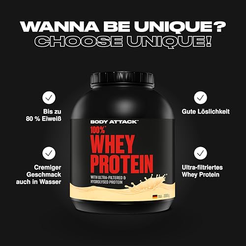 Body Attack 100% Whey Protein Vanilla, 2 kg - Made in Germany - extra cremiges Eiweißpulver mit Hydrolysat und BCAA´s, unterstützt Muskelaufbau und Diäten, für alle Sportler & Athleten