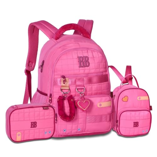 Mochila com Lancheira Térmica e Estojo Feminino Kit Rebecca Bonbon Pelúcia (Rosa)