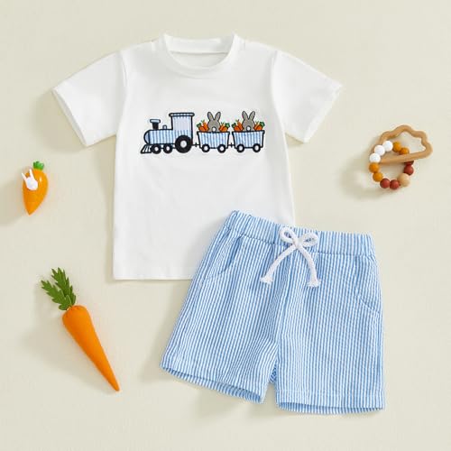 Image of Toddler Baby Boy Easter Rabbit Outfit Short Sleeve Bunny Carrot Smocked T-shirt Elastic Waist Shorts Summer Clothes