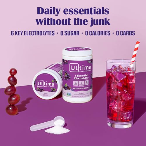 Image of Ultima Replenisher Daily Electrolyte Powder Drink Mix - Sugar Free - Grape, 90 Servings - Hydration Powder with 6 Key Electrolytes and Trace Minerals - Keto Friendly, Vegan, Non-GMO
