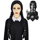 Perücke Schwarz Lang für Damen Mädchen Perücken Zopf für Frauen Karneval Halloween Mittwoch Kostüm Cosplay Party Synthetische Wig R026B