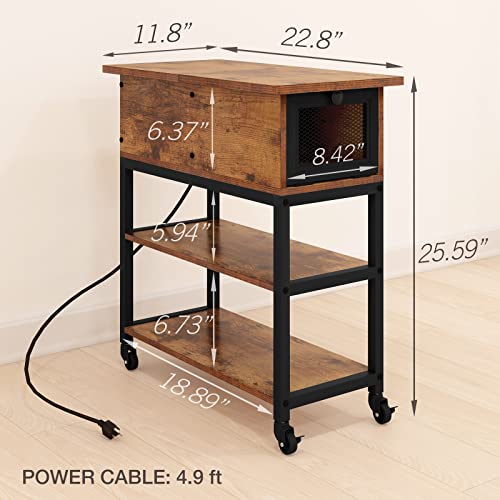 Jensmar 2 Pack End Table With Charging Station,W23.6 Xd11.8 Xh25.6 Sofa Side End Tables Living Room Set Of 2 Nightstand With Usb And Outlets, Rustic Flip Top End Tables With Storage Wheels Brown #TOP2