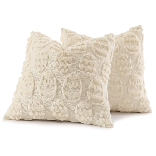 Image of decorUhome Easter Beige Egg Pillow Covers 20x20 Inch Set of 2, Soft Plush Faux Wool Jacquard Cushion Covers, Farmhouse Neutral Fuzzy Spring Easter Holiday Decor for Couch Sofa Bed