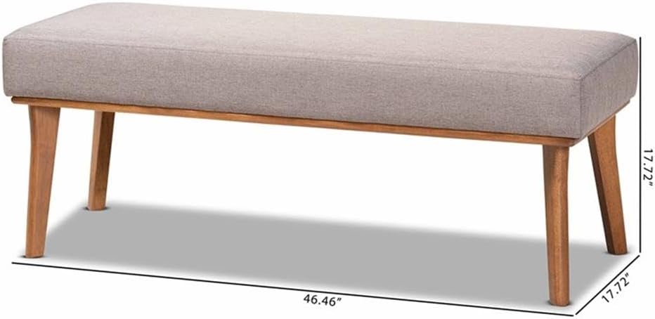 BOWERY HILL Grey Fabric Upholstered Dining Bench, 46.46 in Wide, Walnut Brown Rubberwood Frame, Foam Padded Seat, Mid-Century Modern Style, Living Room or Dining Room Seating, Assembly Required