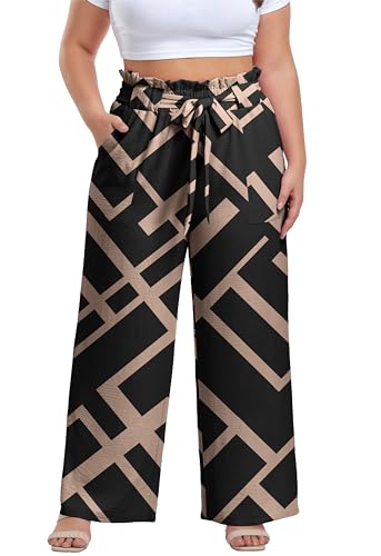 Image of OLRIK Women's Plus Size Pants Adjustable High Waisted Wide Leg Palazzo Pants Casual Trousers with Pockets Spring Clothes