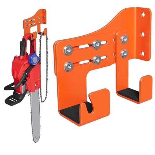 Soporte de pared ajustable para motosierra, soporte de metal resistente con almohadillas de esponja gruesas para protección del mango, ganchos adicionales para cadenas y herramientas, acabado