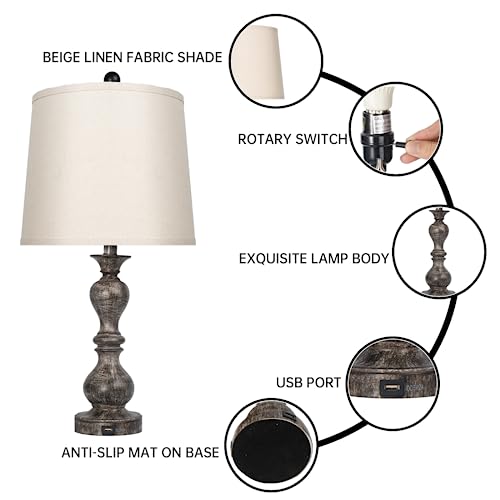 Yehkhey Table Lamps Set Of 2 With Usb Charging Port Fabric Lampshade Table Lamp For Nightstand Rotary Switch E26 Bulb Base, Resin Base Bedside Lamps For Bedroom, Living Room (Bulbs Not Included) #TOP1