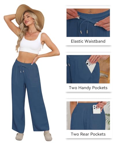 CHANGEOWN Womens Casual Linen Pants Drawstring Flowy Pants Loose Fit Summer Pants with Pockets Lounge Beach Pants, Deep NavyBlue, X-Large — view 5