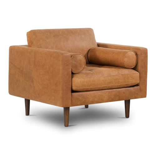 Image of Poly & BARK Napa Leather Accent Chairs 42 inch - Set of 2 - Mid Century Modern Armchair with Bolster Pillows, Living Room or Bedroom Chair in Cognac Tan