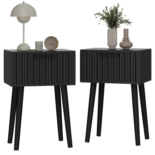 YMYNY Nachttisch 2er Set, Beistelltisch, Nachtschrank, Magnetschublade mit geriffelten Fronten, Massivholz Beinen, Modern, Couchtisch für...