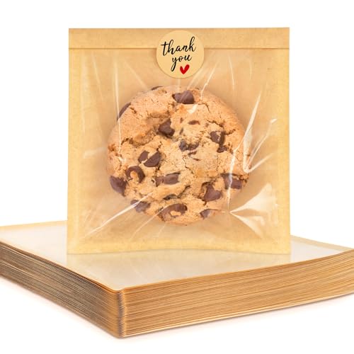 Foranda 100 Pack Cookie Packaging Bags with Seal 5.7x6.5 Inch Heat Sealable Paper Cookie Sleeves Grease Resistant To Go Bakery Bags with Window for Bake Sale Brownie Treat Donut Cake Slice Scone