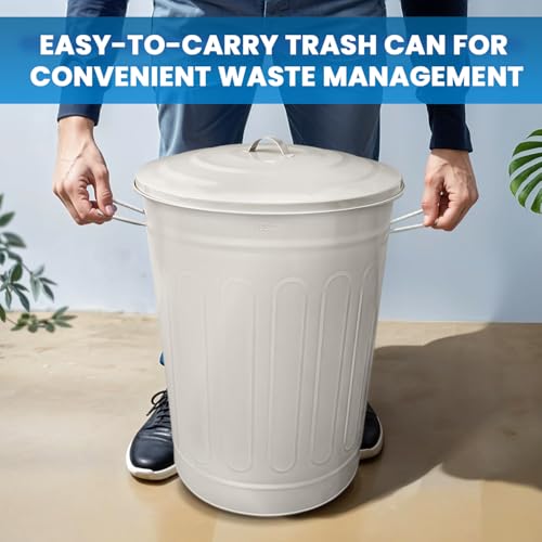 Image of Plexon 13 Gallon Metal Trash Can with Lid Outdoor Vintage Trash Can Steel Retro Garbage Can for Kitchen Farmhouse Rustic Bird Seed Storage Pet Food Cute Bucket, Off-White 2 Pack