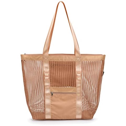 Tainehs Mesh Beach Tote Large Zipper Bag 2022 Upgrade for Women with Multiple Pockets for Family Shopping Travel Swimming Waterproof Pool Bag Khaki, Khaki Cover