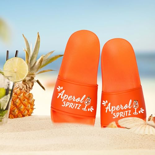 Aperol Badelatschen, Schlappen für Herren & Damen, Lustige Hausschuhe, Aperol Spritz Motiv Badelatschen, Badeschuhe für Aperol Spritz Liebhaberinnen und Aperol Fans, Urlaubsschlappen, JGA Geschenk
