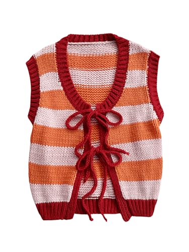 Image of MakeMeChic Women's Striped Colorblock Sweater Vests Sleeveless Tie Front Cropped Knit Vest Tops Multicolor Small
