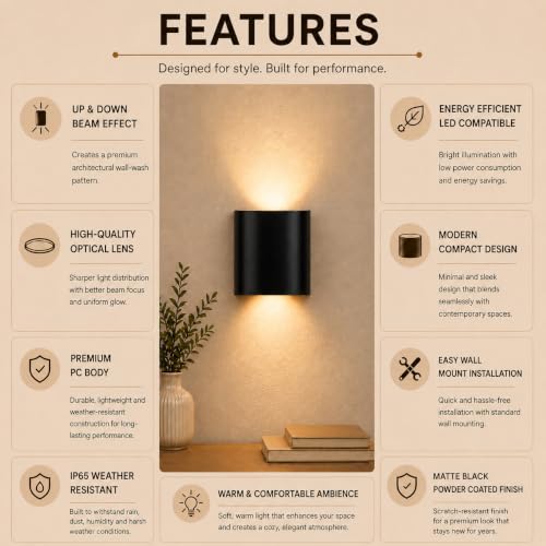 Image of 4W LED Up Down Wall Light, IP65 Waterproof Outdoor Lamp, Warm White 3000K, Modern Exterior Wall Sconce for Balcony, Porch, Garden, Gate, Staircase & Home Decor, Black Pack of (1)