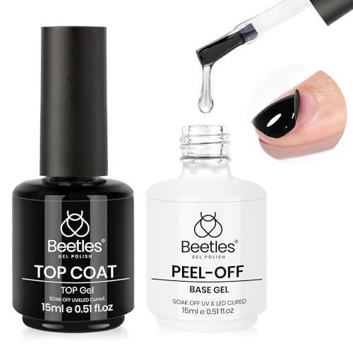 Image of Beetles Peel Off Base Coat and Top Coat Gel Nail Polish Set, 2Pcs 15ml Peelable Base Gel and Top Coat Easy Removal, UV LED Lamp Peel off Nail Polish without Damage for Beginners Weak Thin Nails