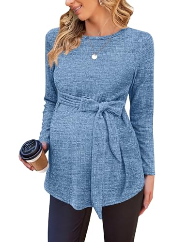 Ekouaer Women's Maternity Shits Long Sleeve Pregnancy Tops Blouses Tunic Belted Basic Crewneck Sweater Navy Blue Large