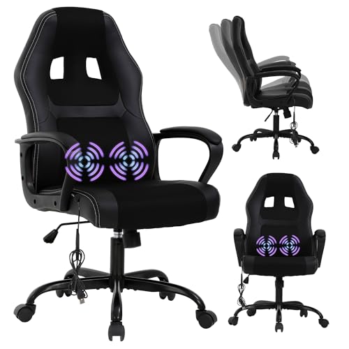 Gaming Chair With Massager, Ergonomic Office Video Gaming Computer Leather Desk Racing, Comfy Massage Silla Gamer for Adults and Kids, Black