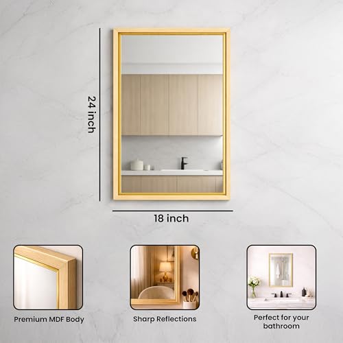 Image of Rousrie Premium Framed Glass Wall Mount Mirror, Decorative, for Bathroom, Bedroom, Living Room, Dressing Room, Wash Basin and Entryway (18 by 24 Inch) (Light Brown)