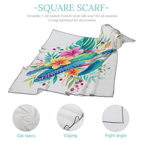 Sea Turtle Swimming Tropical Flowers Hibiscus Women Hair Scarf Square Silk Like Head Scarves Handkerchief Satin Neck Scarf4