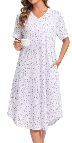 Image of Kabento Nightgowns for Women Cotton Short Sleeve Long Night Gowns with Pockets