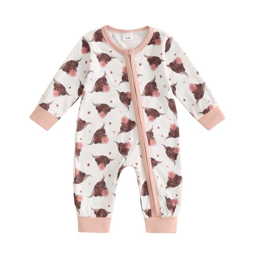 Image of FIOMVA Western Baby Girl Clothes Newborn Cowgirl Outfit Infant Boy Highland Cow Print Jumpsuit Fall Winter Cowboy Outfits