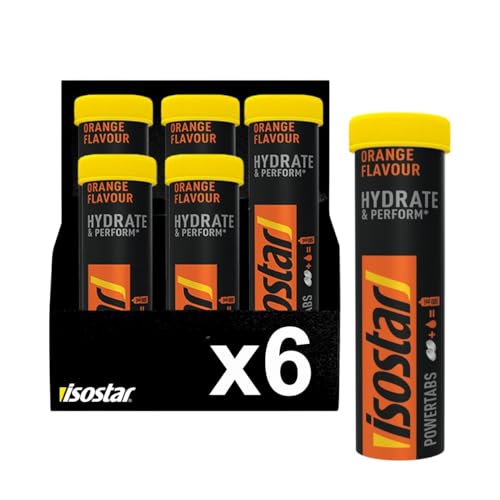 Isostar Hydrate & Perform Powertabs Preparado para Bebida de Aporte Glúcidos y Electrolitos, Sabor Naranja, Fórmula Isotónica, Resistencia en Entrenamientos Prolongados, 120g (10x12g), 6 Unidades